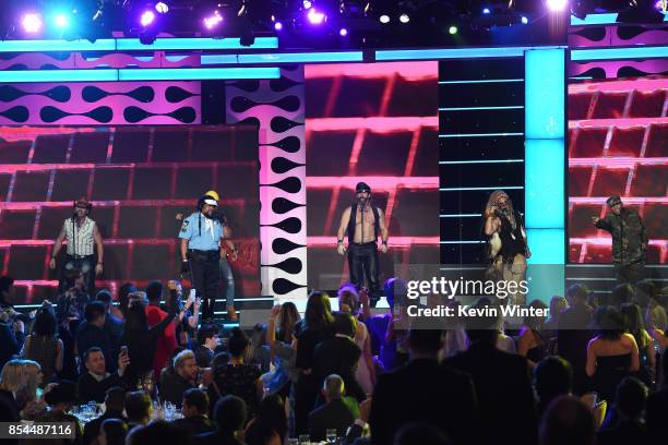 Drew Baldwin with Chad Freeman, James Kwong, J.J. Lippold, Victor Willis, Angel Morales and Sonny Earl of Village People at the 2017 Streamy Awards...