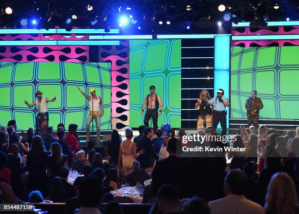 Drew Baldwin with Chad Freeman, James Kwong, J.J. Lippold, Victor Willis, Angel Morales and Sonny Earl of Village People at the 2017 Streamy Awards...