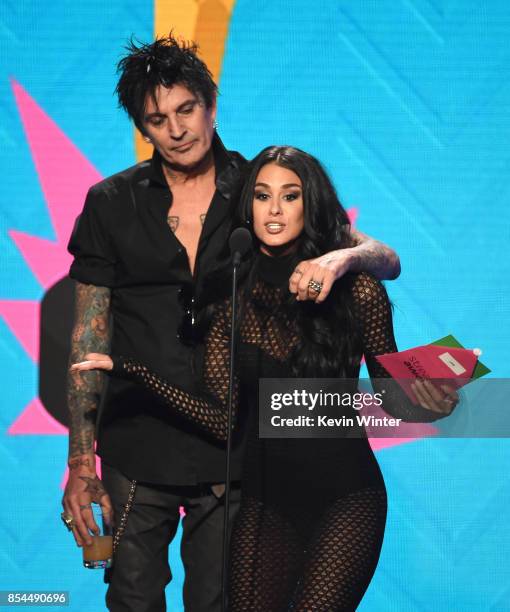 Tommy Lee and Brittany Furlan onstage during the 2017 Streamy Awards at The Beverly Hilton Hotel on September 26, 2017 in Beverly Hills, California.