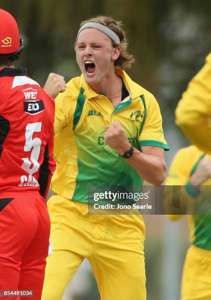 David Grant of CA celebrates his wicket during the JLT One Day Cup match between South Australia and the Cricket Australia XI at Allan Border Field...