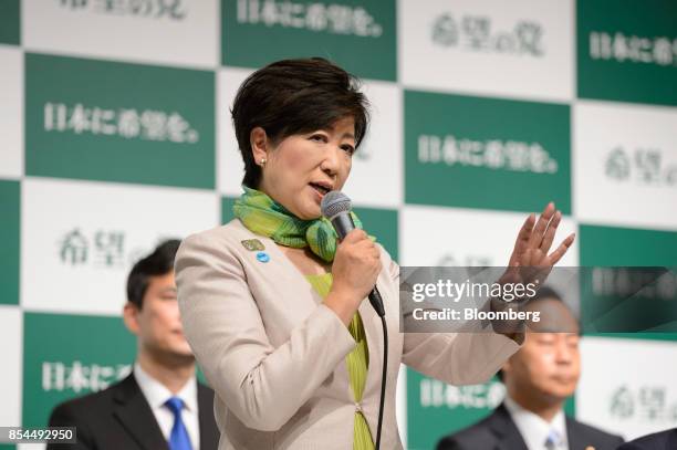 Yuriko Koike, governor of Tokyo and head of the Party of Hope, speaks during a news conference in Tokyo, Japan, on Wednesday, Sept. 27, 2017. A new...