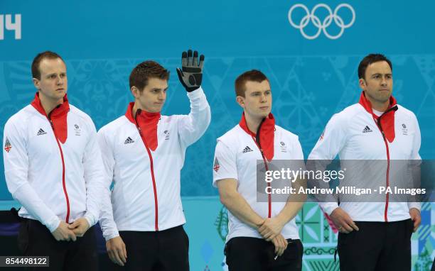 Great Britain's Michael Goodfellow, Scott Andrews, Greg Drummond and skip David Murdoch before the Men's Semi Final against Sweden at the Ice Cube...