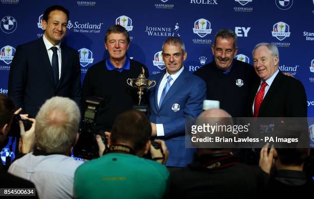 Europe's Ryder Cup captain Paul McGinley with Sports Minister Leo Varadkar, Des Smyth, Sam Torrance, and Michael Ring T.D after a press conference at...