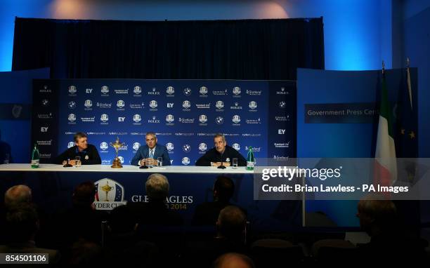 Europe's Ryder Cup captain Paul McGinley with Des Smyth and Sam Torrance at a press conference at The Government Buildings, Dublin, where he...