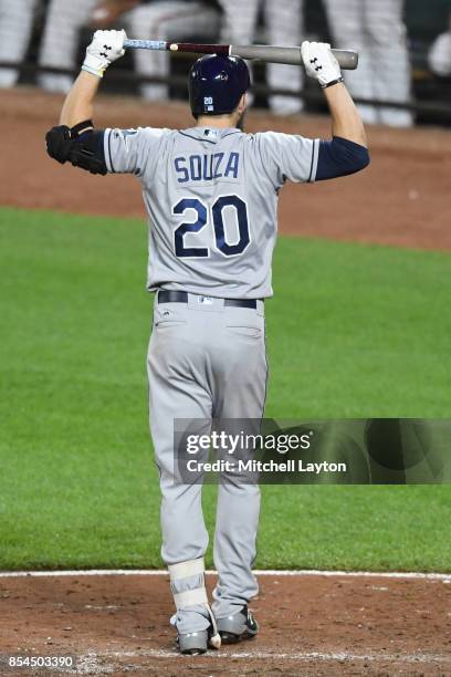 Steven Souza Jr. #20 of the Tampa Bay Rays reacts to a pitch during a baseball game against the Baltimore Orioles at Oriole Park at Camden Yards on...