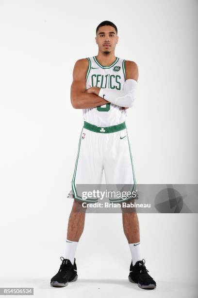 Jayson Tatum of the Boston Celtics poses for a portrait during the 2017-18 NBA Media Day on September 25, 2017 at the TD Garden in Boston,...