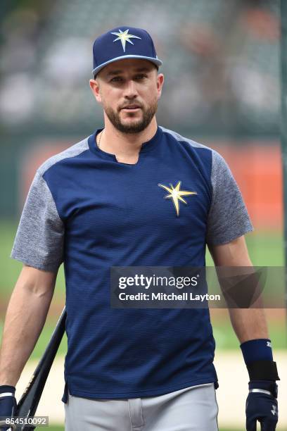 Trevor Plouffe of the Tampa Bay Rays looks on during batting practice of a baseball game against the Baltimore Orioles at Oriole Park at Camden Yards...