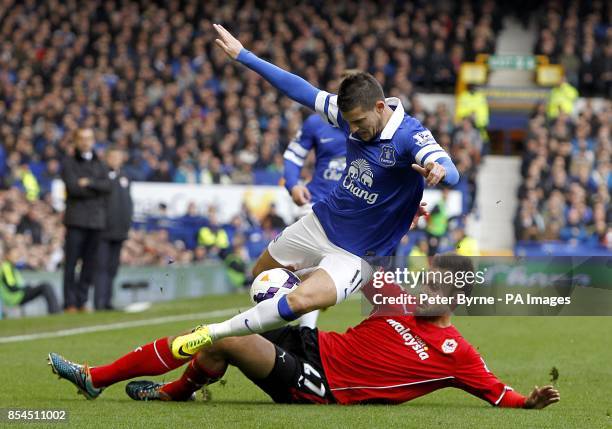 Everton's Kevin Mirallas and Cardiff City's Juan Cala battle for the ball