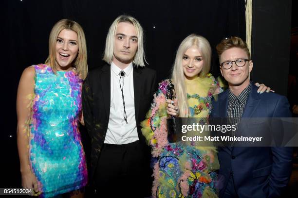 Grace Helbig Poppy, and Tyler Oakley at the 2017 Streamy Awards at The Beverly Hilton Hotel on September 26, 2017 in Beverly Hills, California.