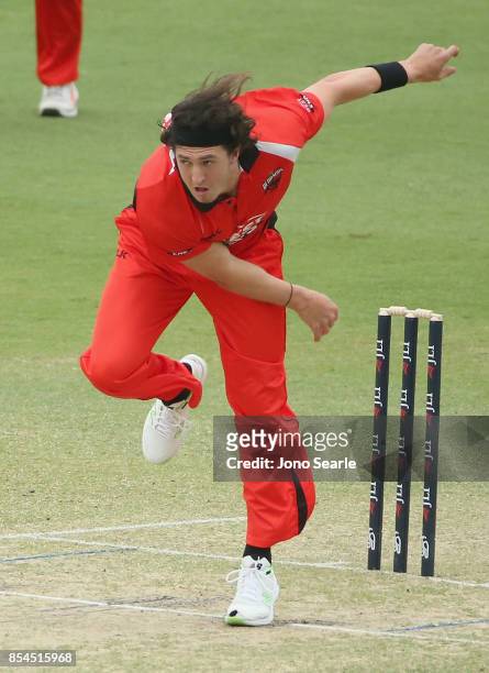 Daniel Worrall of SA bowls during the JLT One Day Cup match between South Australia and the Cricket Australia XI at Allan Border Field on September...