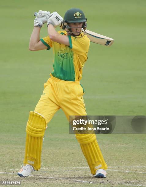 Jake Carder of the CA XI plays a shot during the JLT One Day Cup match between South Australia and the Cricket Australia XI at Allan Border Field on...