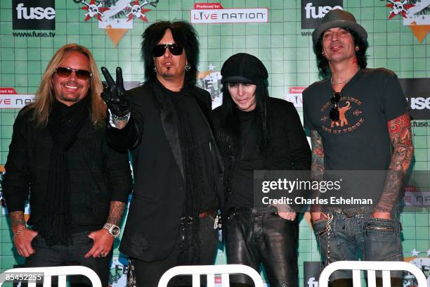 The hard rock band Motley Crue' Vince Neil, Nikki Sixx, Mick Mars and Tommy Lee attend a press conference to announce "Crue Fest 2" at Fuse on March...
