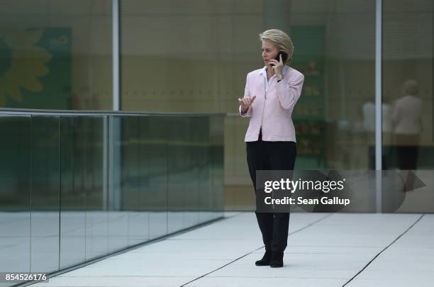 German Defense Minister and Christian Democrat Ursula von der Leyen speaks on a mobile phone in a break during a meeting of the CDU and the Bavarian...