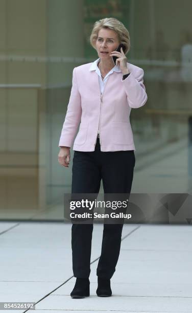 German Defense Minister and Christian Democrat Ursula von der Leyen speaks on a mobile phone in a break during a meeting of the CDU and the Bavarian...