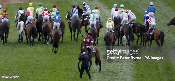 Previously unissued image of a false start ahead of the Crabbie's Grand National Race at Aintree Racecourse, Liverpool. PRESS ASSOCIATION Photo....