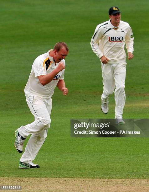 Nottinghamshire's Luke Fletcher celebrates taking the wicket of Lancashire's Paul Horton during the LV=County Championship, Division One match at...