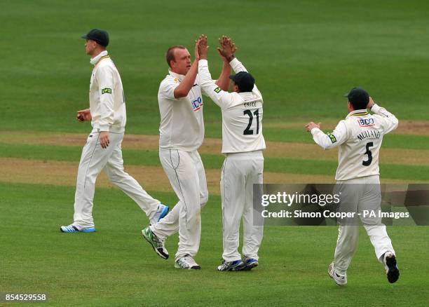 Nottinghamshire's Luke Fletcher celebrates taking the wicket of Lancashire's Paul Horton during the LV=County Championship, Division One match at...