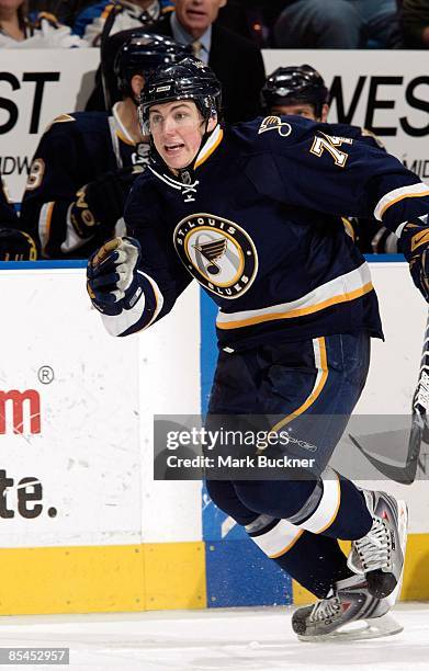 Oshie of the St. Louis Blues skates against the Detroit Red Wings on March 14, 2009 at Scottrade Center in St. Louis, Missouri.