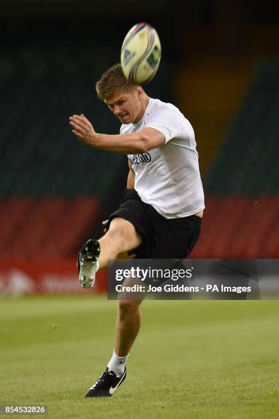 Saracen's Owen Farrell practices his kicking during a training session at the Millennium Stadium, Cardiff.