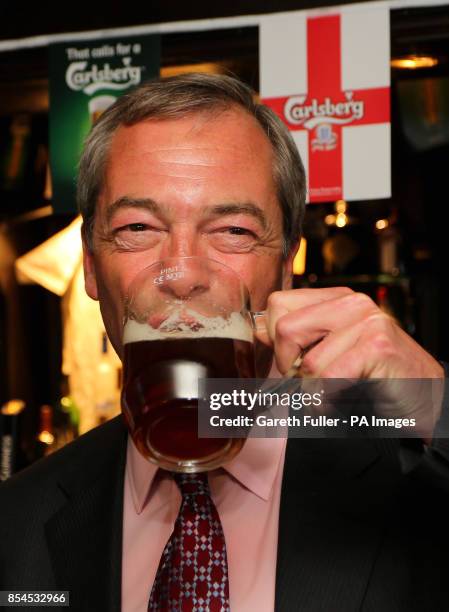 Ukip party leader Nigel Farage enjoys a pint in the Hoy and Helmet Pub in South Benfleet, Essex, as his party make gains across the country following...