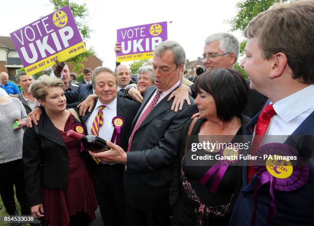 Ukip party leader Nigel Farage meets his new councilors during a visit to South Ockendon, Essex, as his party make gains across the country following...