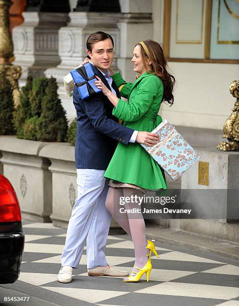 Ed Westwick and Leighton Meester films on location for "Gossip Girl" on the streets of Manhattan on March 16, 2009 in New York City.