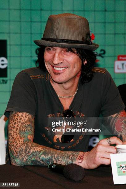Motley Crue' Tommy Lee attends a press conference held by Motley Crue to announce "Crue Fest 2" at Fuse on March 16, 2009 in New York City.