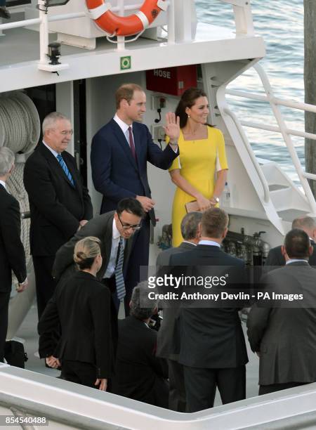 The Duke and Duchess of Cambridge depart from the Man O'War steps wharf on a boat to Admiralty House following a reception hosted by the Governor and...