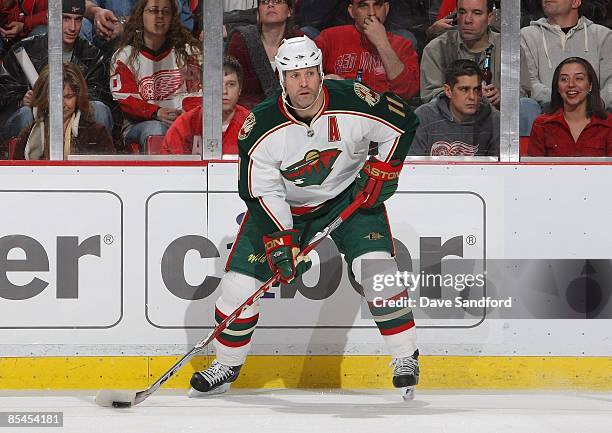 Owen Nolan of the Minnesota Wild looks to make a pass play during their NHL game against the Detroit Red Wings at Joe Louis Arena on February 12,...