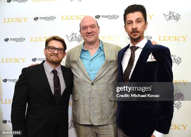 Writer Logan Sparks, director John Carroll Lynch and writer Drago Sumonja attend the Los Angeles premiere of 'Lucky' at Linwood Dunn Theater on...