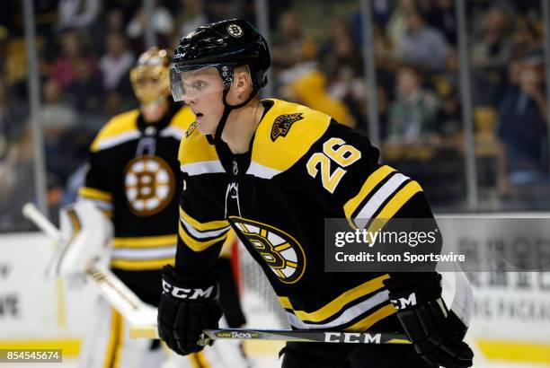 Boston Bruins center Colby Cave moves in for a draw during a preseason game between the Boston Bruins and the Philadelphia Flyers on September 21 at...