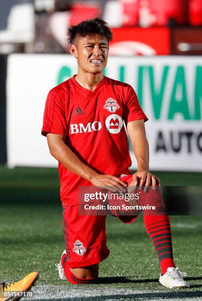 Toronto FC forward Tsubasa Endoh stretches out before a match between the New England Revolution and Toronto FC on September 23. 2017, at Gillette...