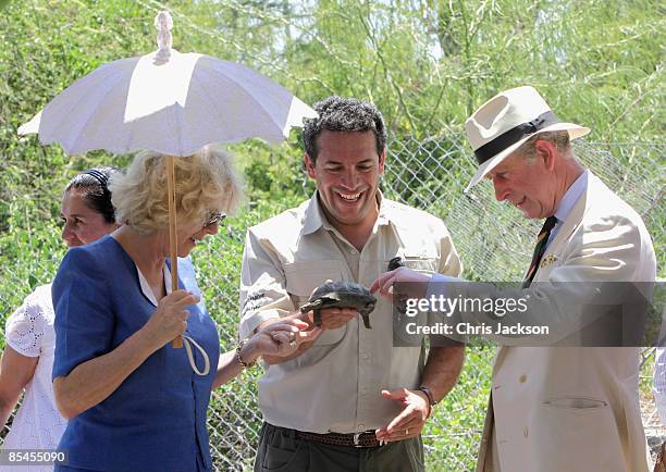 Prince Charles, Prince of Wales and Camilla, Duchess of Cornwall are presented with a tortoise who the Prince named William during a tour of the...
