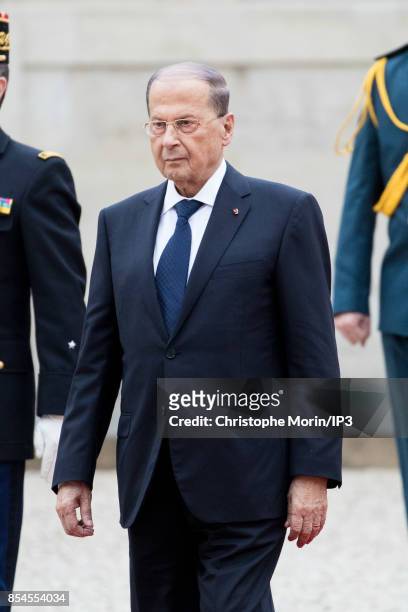 French President Emmanuel Macron welcomes Lebanese President Michel Aoun at the Elysee Palace on September 25, 2017 in Paris, France. Aoun made a...