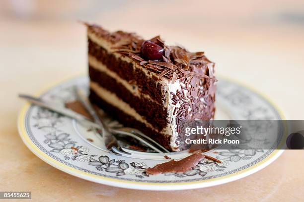 black forest cake, slice on plate - black forest gateau stock-fotos und bilder