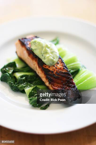 pan-seared salmon with bok choy and cilantro aioli - aioli bildbanksfoton och bilder