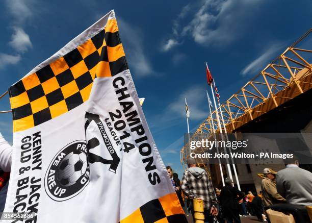 Wolverhampton Wanderers' promotion flags are on on sale outside of the stadium during the Sky Bet League One match at Molineux, Wolverhampton.