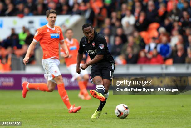 Charlton Athletic's Callum Harriott scores the opening goal during the Sky Bet Championship match at Bloomfield Road, Blackpool.