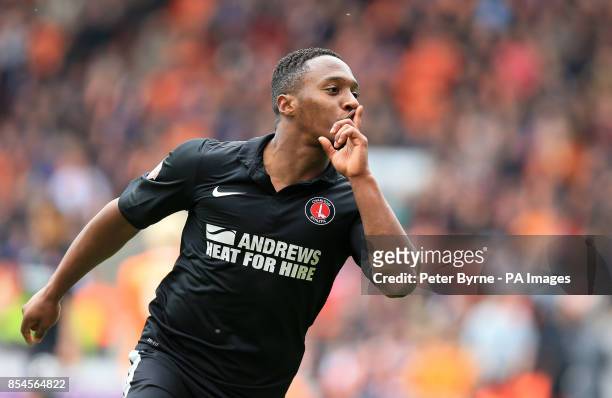 Charlton Athletic's Callum Harriott celebrates scoring the opening goal during the Sky Bet Championship match at Bloomfield Road, Blackpool.