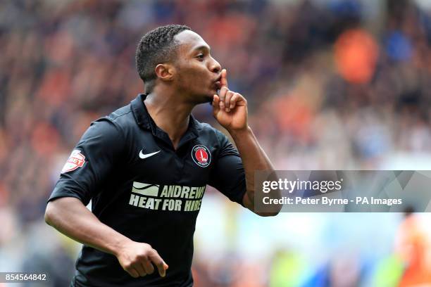 Charlton Athletic's Callum Harriott scores the opening goal during the Sky Bet Championship match at Bloomfield Road, Blackpool.