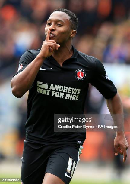Charlton Athletic's Callum Harriott celebrates scoring the opening goal during the Sky Bet Championship match at Bloomfield Road, Blackpool.