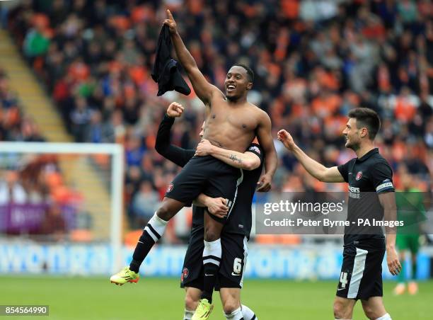 Charlton Athletic's Callum Harriott celebrates his second goal goal with during the Sky Bet Championship match at Bloomfield Road, Blackpool.