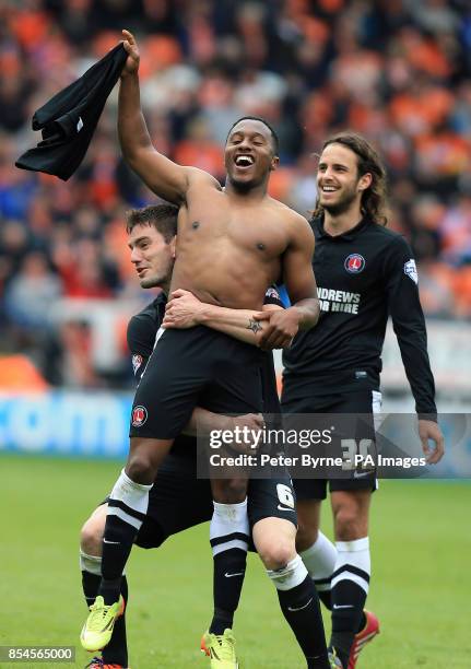 Charlton Athletic's Callum Harriott celebrates his second goal goal with during the Sky Bet Championship match at Bloomfield Road, Blackpool.