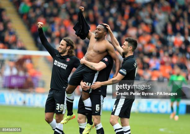 Charlton Athletic's Callum Harriott celebrates his second goal goal with during the Sky Bet Championship match at Bloomfield Road, Blackpool.