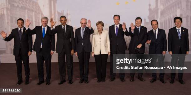 Leaders pose for a family photograph from Italian Prime Minister Matteo Renzi, Canadian Prime Minister, Stephen Harper, US President Barack Obama,...