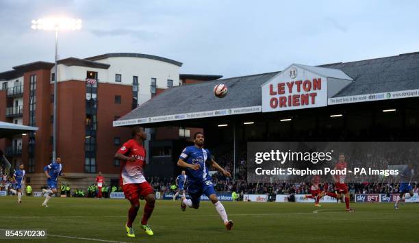 Leyton Orient's Kevin Lisbie and Peterborough United's Conor Washington compete for the ball during the Sky Bet League One, Play-off Semi Final,...