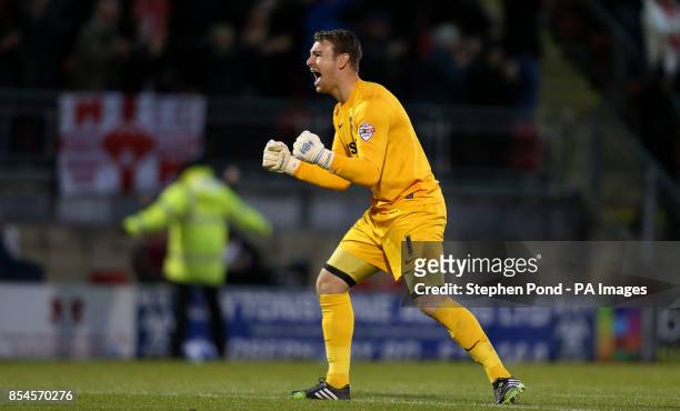 Leyton Orient goalkeeper Jamie Jones celebrates his sides goal during the Sky Bet League One, Play-off Semi Final, Second Leg at the Matchroom...