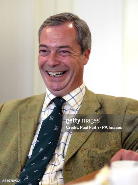 Leader Nigel Farage being interviewed by the Press Association in Belfast during a one day visit to the province where he also met his party's...
