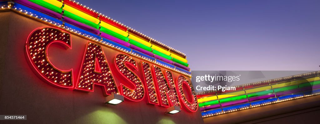 Neon lights panorama of the Rainbow Casino in West Wendover Nevada
