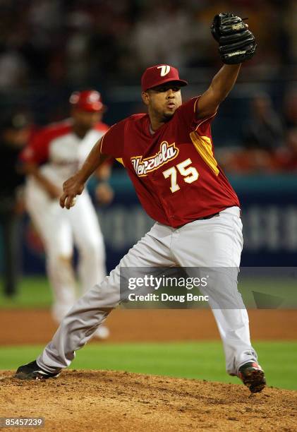 Closer Francisco Rodriguez of Venezuela pitches against Puerto Rico during day 3 of round 2 of the World Baseball Classic at Dolphin Stadium on March...